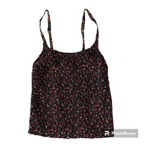 Hollister Black With Flowers Adjustable Spaghetti Strap Elastic Tank Top…